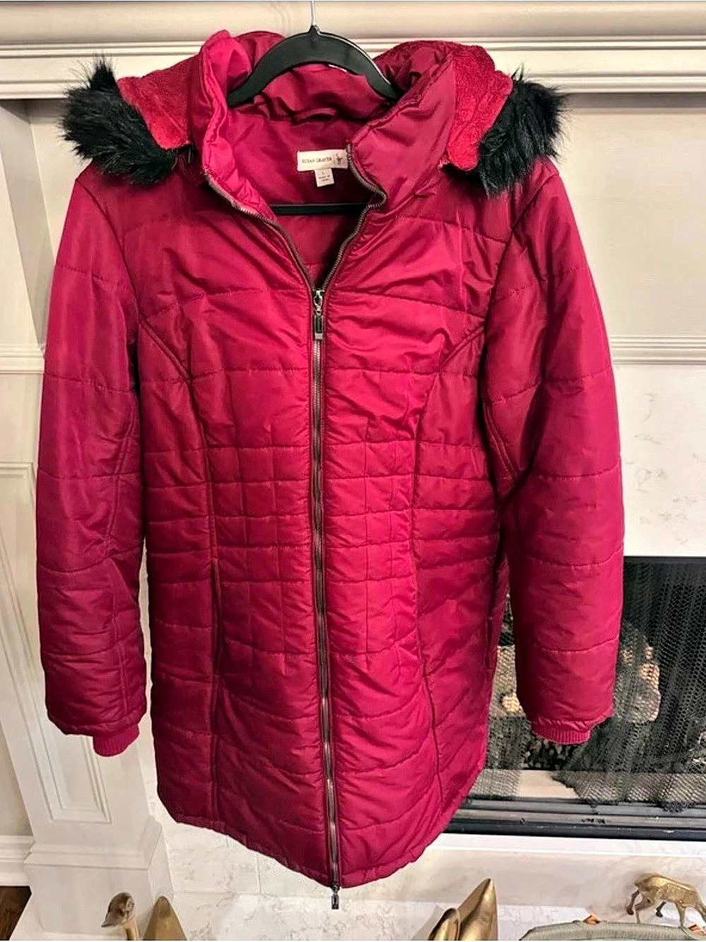 Susan Graver Water Resistant Quilted Puffer Jacket with Faux Fur Hood Pink Large